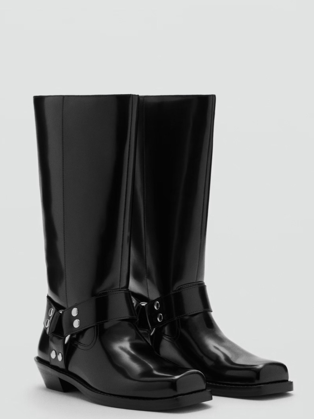 Black Women's Leather Mid-Calf Harness Boots
